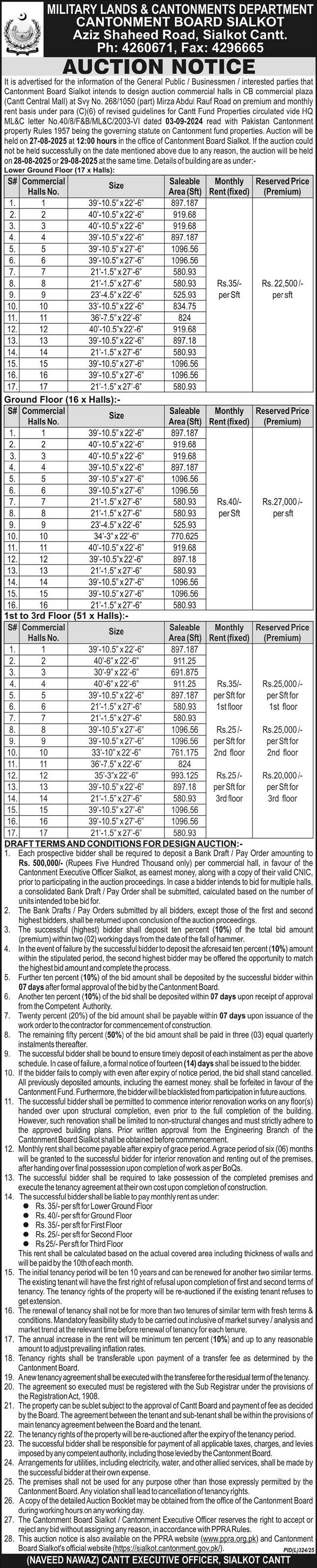 Military Lands & Cantonment Department Sialkot Tender Notice